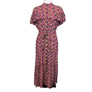 Corey Lynn Calter Dress Geometric Print Ruffle Front Short Sleeve‎ Pink Size S